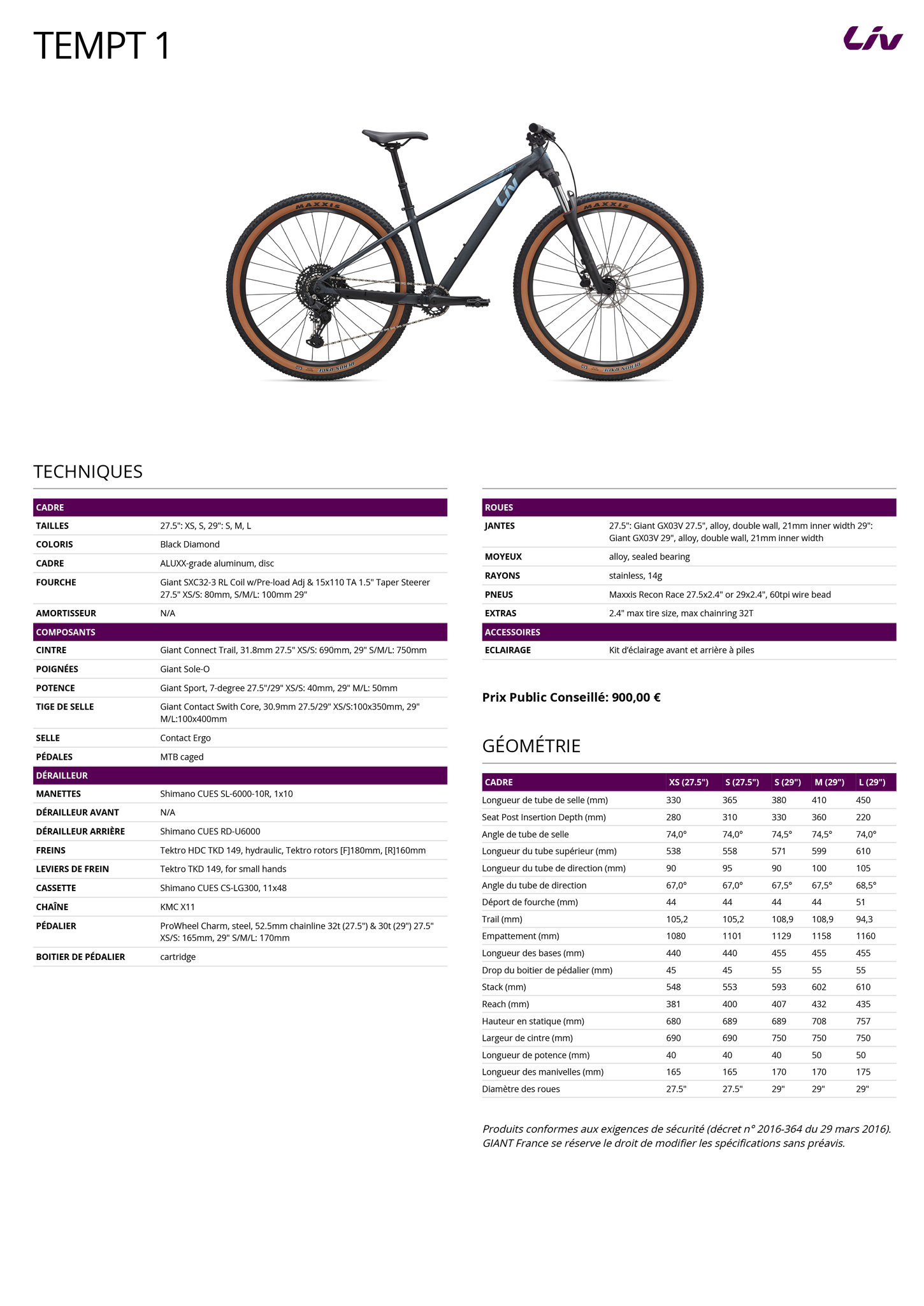 Fiche technique du velo Tempt 1 année 2026